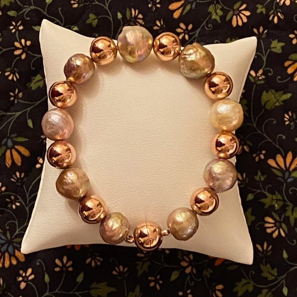 Radiant Honora Ming Pearl and Italian Rose Gold Bronze Bead Bracelet, 6.5" - Picture 13 of 13